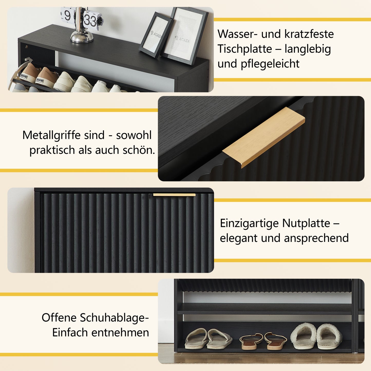 80 x 24 cm Schuhschrank mit Nutfront – Höhenverstellbar mit Kippschutz und Dekotisch für den Flur, in Schwarz