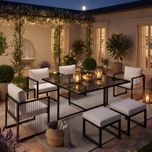 7-teiliges Esstisch- und Stuhlset für den Außenbereich für 6 Personen, Tisch aus gehärtetem Glas, geeignet für Mahlzeiten im Hinterhof, auf der Gartenterrasse