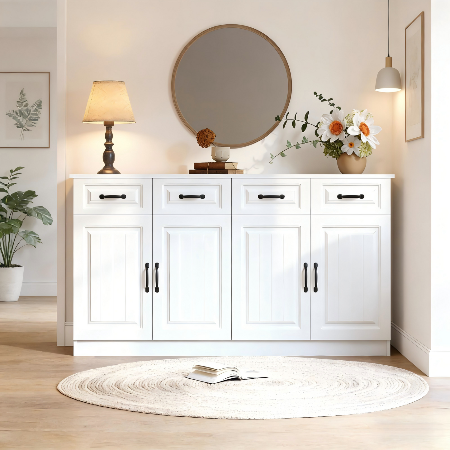Gigab2b original image - Weißes Sideboard,Kommode aus MDF mit 4 Schubladen und 4 Türen, 2 Ablageflächen, geriffeltem Design und 8 Metallgriffen, großer oberer Stauraum für Wohnzimmer, Schlafzimmer und Küche, Breite 160 cm