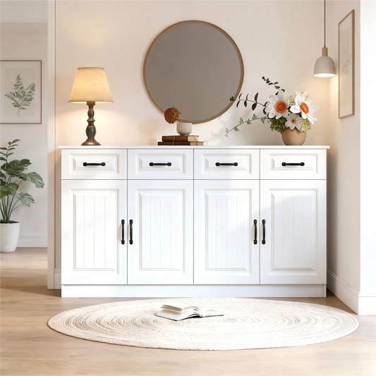 Gigab2b original image - Weißes Sideboard,Kommode aus MDF mit 4 Schubladen und 4 Türen, 2 Ablageflächen, geriffeltem Design und 8 Metallgriffen, großer oberer Stauraum für Wohnzimmer, Schlafzimmer und Küche, Breite 160 cm