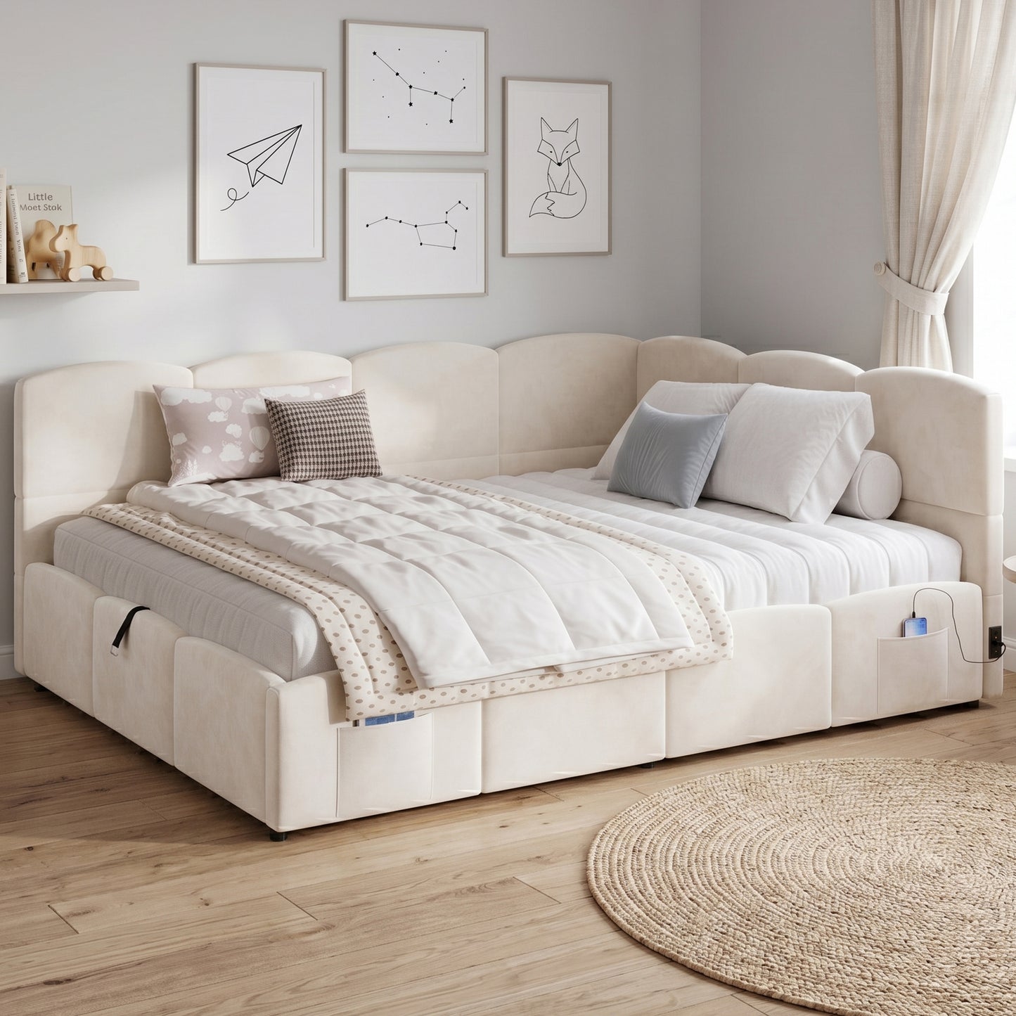 Polsterbett,Kinderbett, Daybett, Stauraumbett, Schlafsofa 140x190 cm, mit Lattenrost, USB-Ladegerät, Stautasche, Jugendbett und Erwachsenen-Kinderbett,Samt, beige (ohne Matratze)