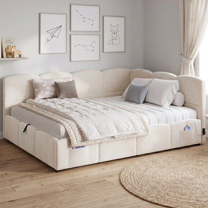 Polsterbett,Kinderbett, Daybett, Stauraumbett, Schlafsofa 140x190 cm, mit Lattenrost, USB-Ladegerät, Stautasche, Jugendbett und Erwachsenen-Kinderbett,Samt, beige (ohne Matratze)