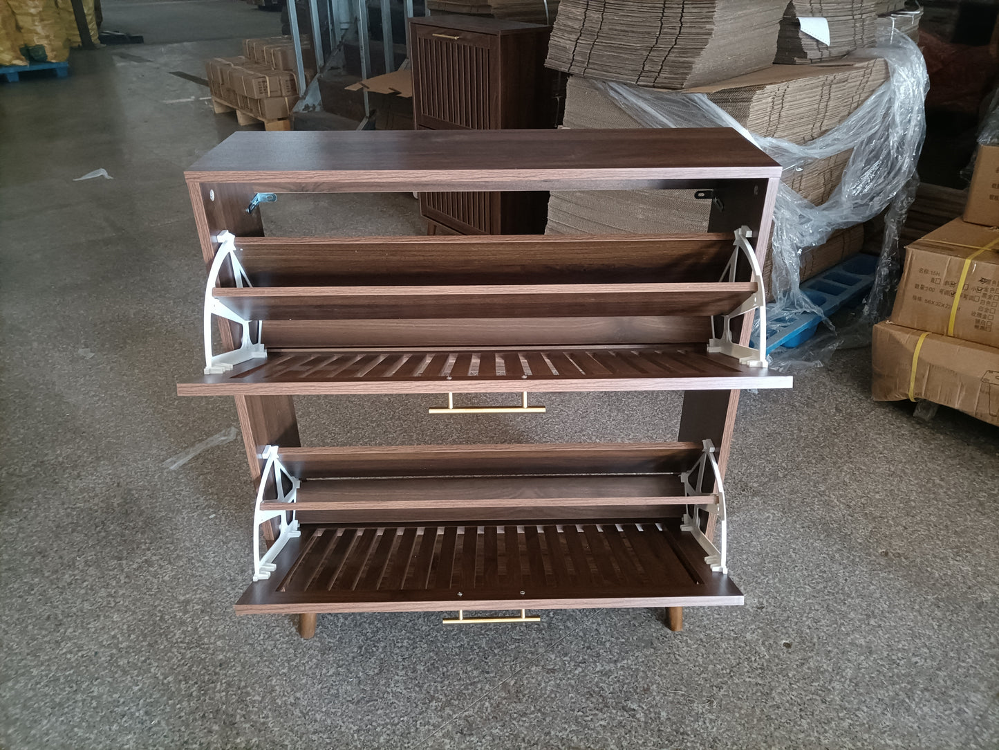80 cm breiter Schuhschrank aus Walnussholz, freistehender Schuhschrank im mittelalterlich-modernen Stil mit zwei Klappschubladen, geeignet für Flure und Eingangsbereiche, 1 Stück