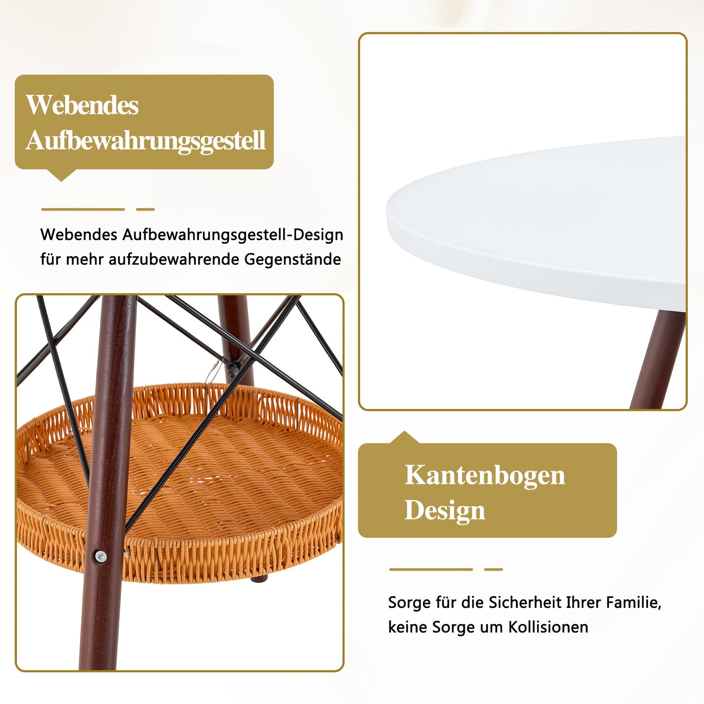 Runder Esstisch Ø 80 cm,Tischplatte aus weißem MDF, Tischbeine aus walnussfarbenem Massivholz, kombiniert mit einer schwebenden, geflochtenen Ablagekorbkonstruktion, geeignet für 2 bis 4 Personen.