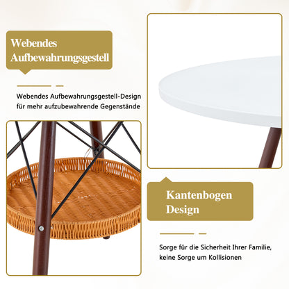Runder Esstisch Ø 80 cm,Tischplatte aus weißem MDF, Tischbeine aus walnussfarbenem Massivholz, kombiniert mit einer schwebenden, geflochtenen Ablagekorbkonstruktion, geeignet für 2 bis 4 Personen.