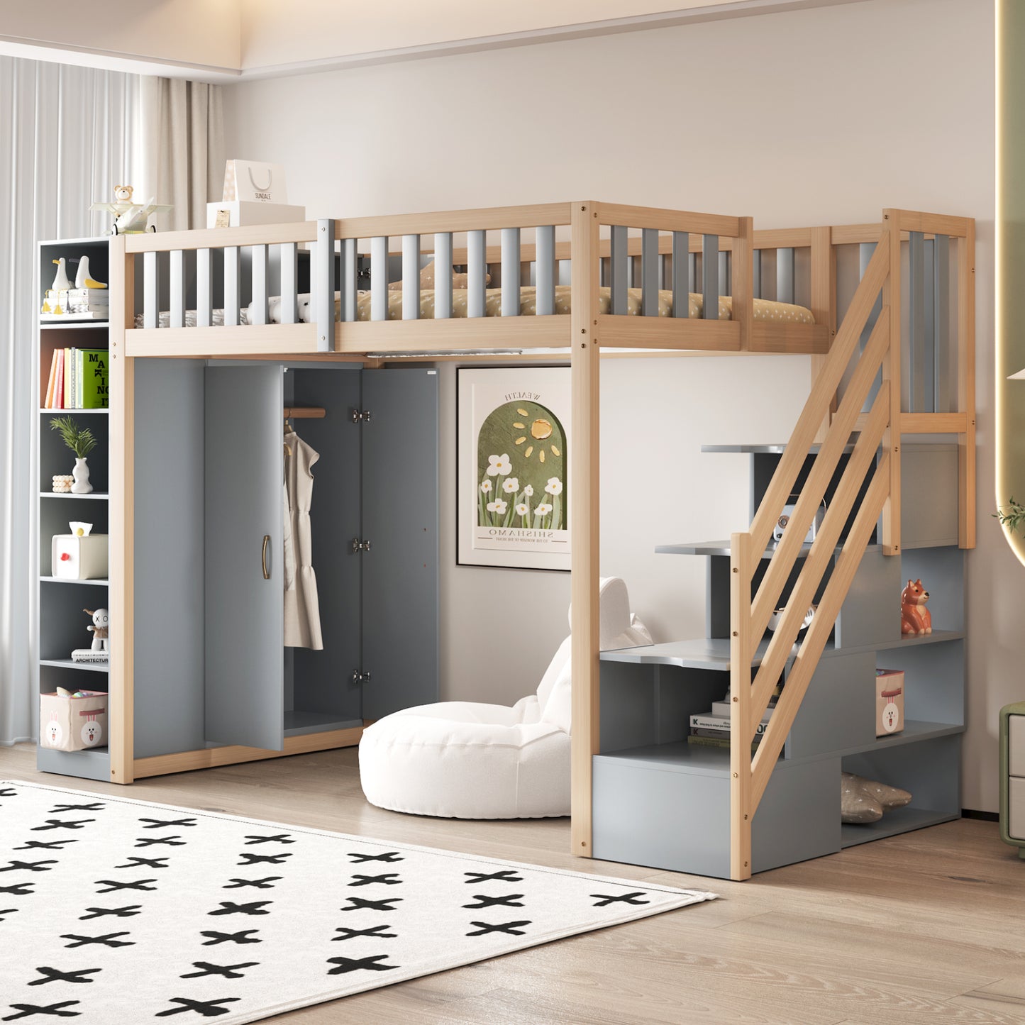 Gigab2b original image - Multifunktionales Hochbett 90x200cm mit Regalen, Stauschrank und großem Kleiderschrank, Sicherheitsleiter mit Ablagefächern, Grau + Rohholzfarben