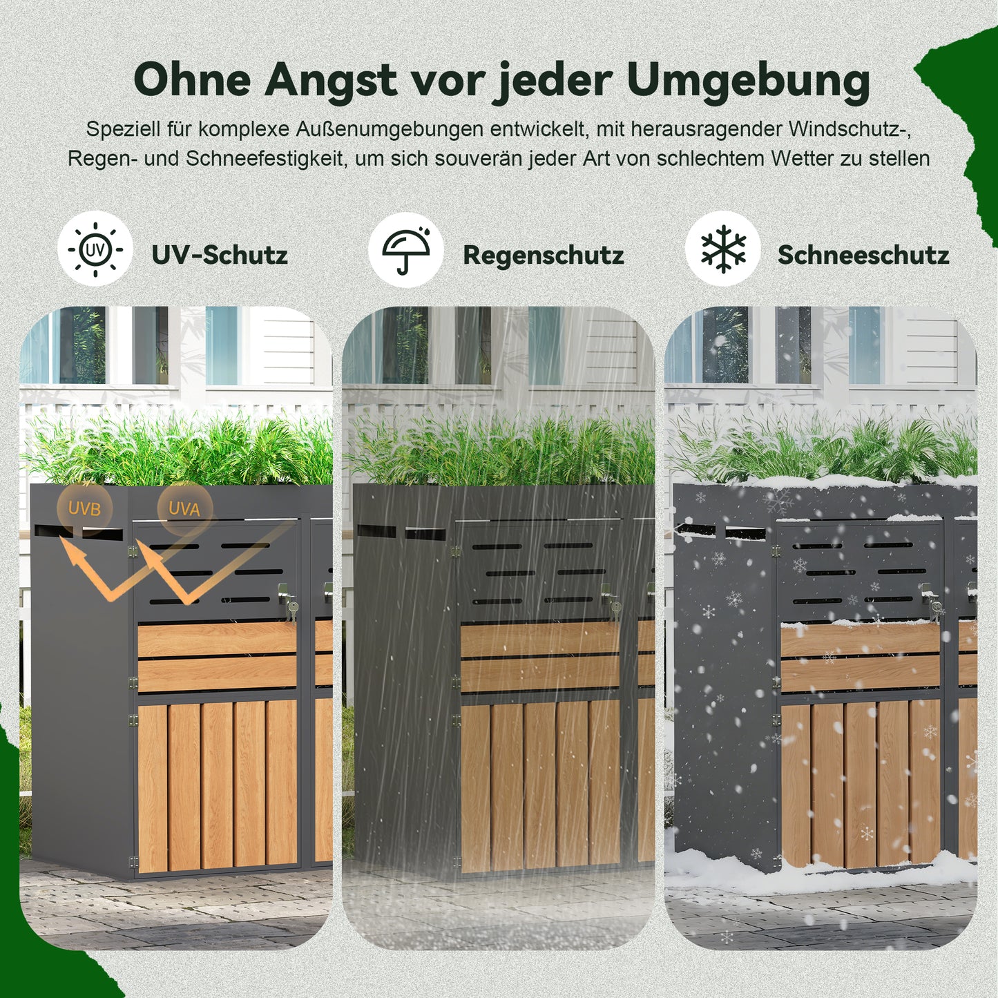 Multifunktionaler Außenschrank mit integriertem Pflanzkasten, Lamellenbelüftung, vier separaten Fächern, verzinktem Stahlrahmen und Sicherungskette – für Lagerung & Gartendekoration (ohne Abfalleimer)