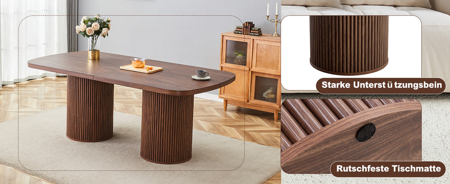 Moderner ovaler Esstisch mit geriffeltem Säulenfuß, hochwertiger MDF-Oberfläche in Holzoptik, im Wabi-Sabi- und Mid-Century-Stil für die heimische Küche