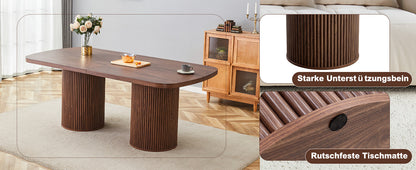 Moderner ovaler Esstisch mit geriffeltem Säulenfuß, hochwertiger MDF-Oberfläche in Holzoptik, im Wabi-Sabi- und Mid-Century-Stil für die heimische Küche