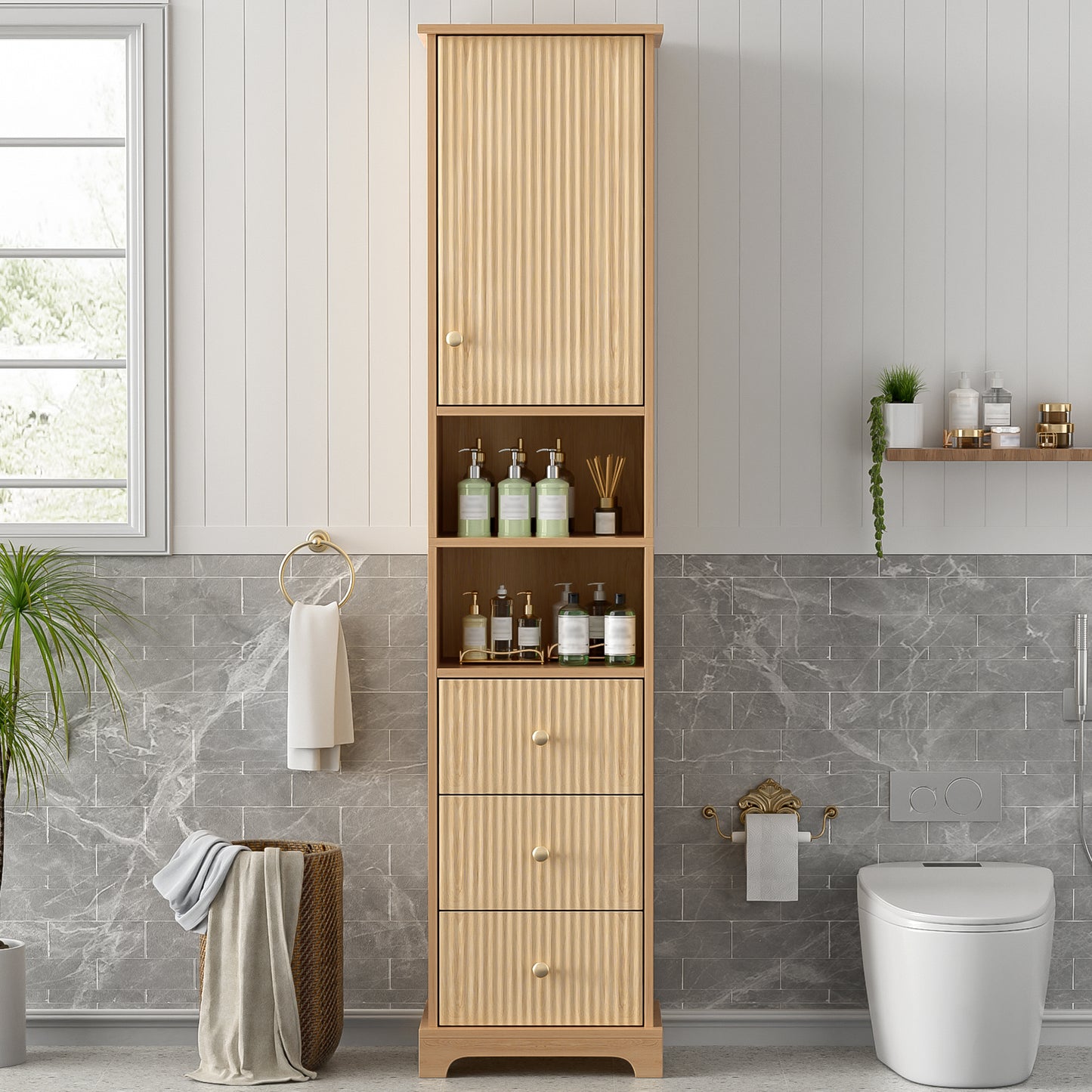 40x30x172cm Badezimmerschrank, PVC-Thermoformplatte, vertikales Streifenmuster, drei Schubladen, ein Korpus, zwei offene Regalböden, verstellbare Regalböden, Naturholzfarbe.