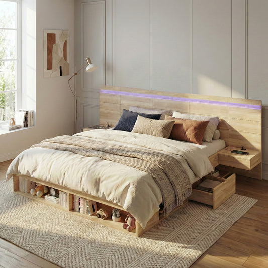 Gigab2b original image - Doppelbett 180*200cm, Stauraumbett, holzbett, Jugendbett, mit USB& Type-C-Ladestation und LED-Beleuchtung, mit 2 Nachttische, mit Schubladen, Naturfarbe