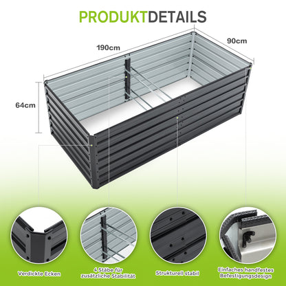 190x90x64cm Hochbeet aus Metall, Großes Pflanzbeet mit offenem Boden für optimalen Wasserablauf, Schwerlast-Blumenbeet Bausatz, wetter- & rostbeständig für Gemüse Blumen Terrasse Garten – Schwarz