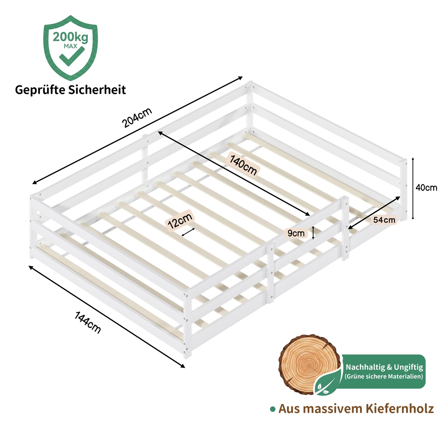 Montessori Bodenbett mit 4-Seiten-Gitter – Vollflächig, kein Lattenrost benötigt, Kiefernholz, einfach aufzubauen (140x200 cm, weiß)