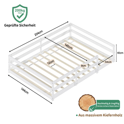 Montessori Bodenbett mit 4-Seiten-Gitter – Vollflächig, kein Lattenrost benötigt, Kiefernholz, einfach aufzubauen (140x200 cm, weiß)