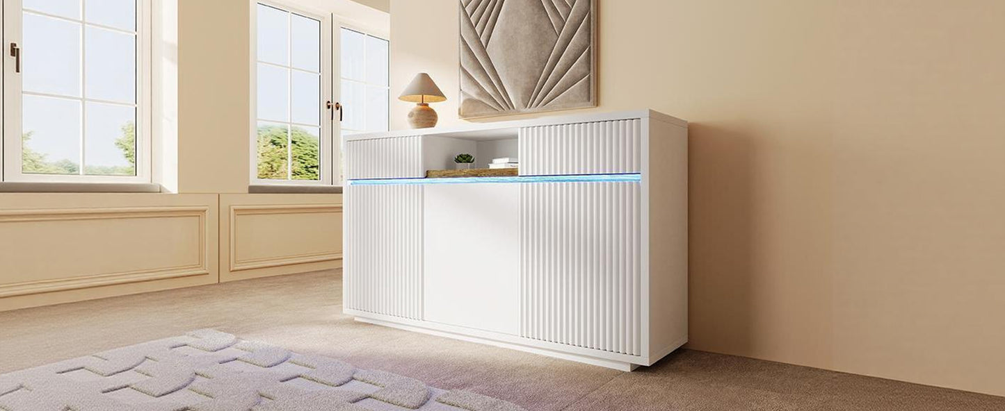 Sideboard Weiß mit LED 140x40x85 cm, Kommode mit 2 Schubladen und 3 Türen, Schrank mit verstellbaren Einlegeböden, moderner Wohnzimmerschrank Flur Küchenschrank