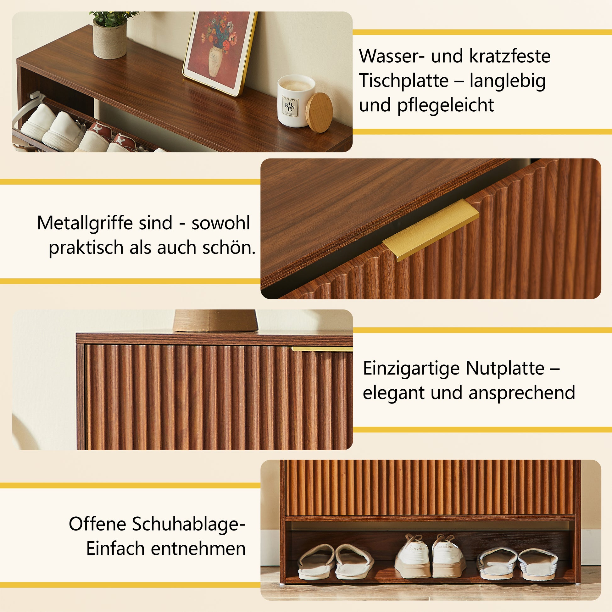 80 x 24 cm Schuhschrank mit Nutfront – Höhenverstellbar mit Kippschutz und Dekotisch für den Flur, in Nussbaum-Optik