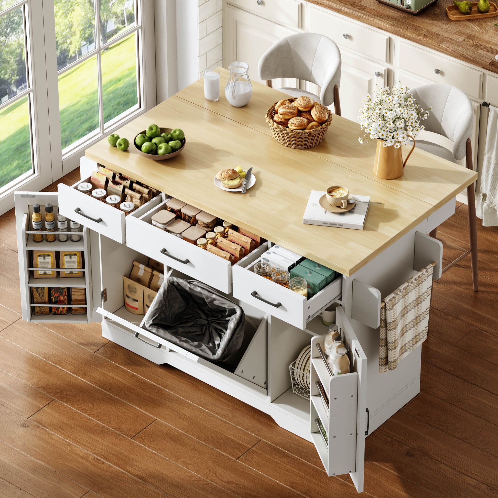 Gigab2b original image - Mobile Kücheninsel mit klappbarer Arbeitsplatte, Küchenwagen, Stauraumschrank, Müllschrank, Buffetschrank mit Gewürzregal, Schublade und Rollen, 120 × 45 (70) × 87 cm