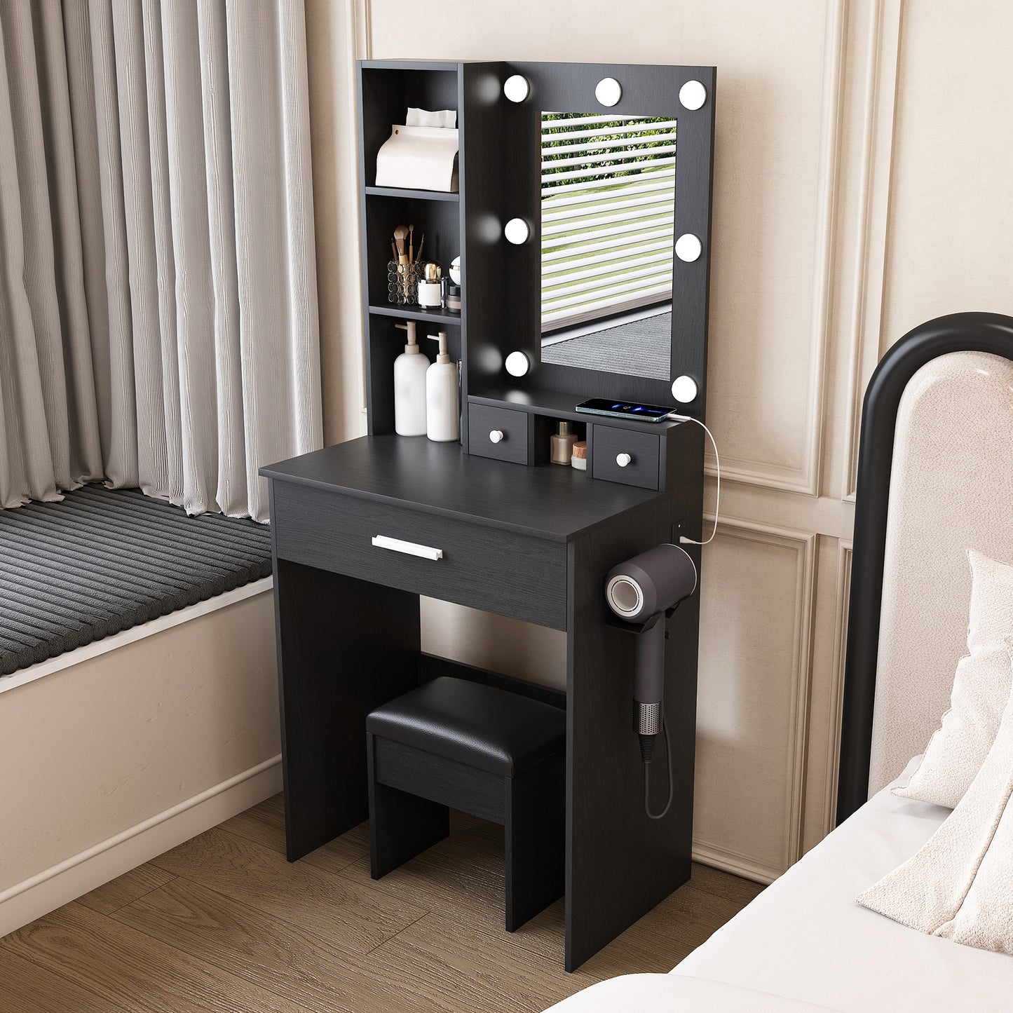 Small Makeup Vanity with Mirror and Adjustable LED Lighting