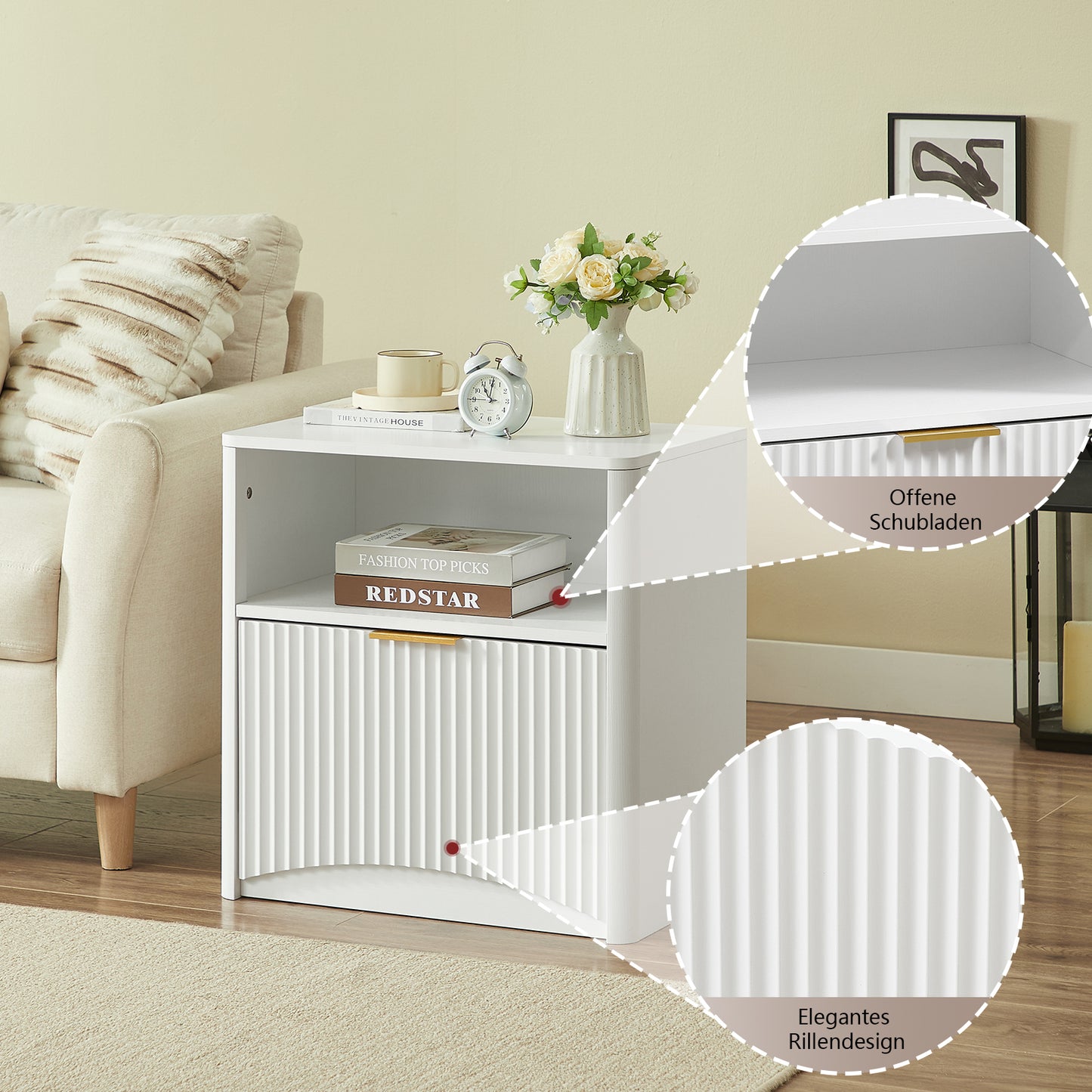Space-Saving Nightstand with Open Drawer and Gold Knobs