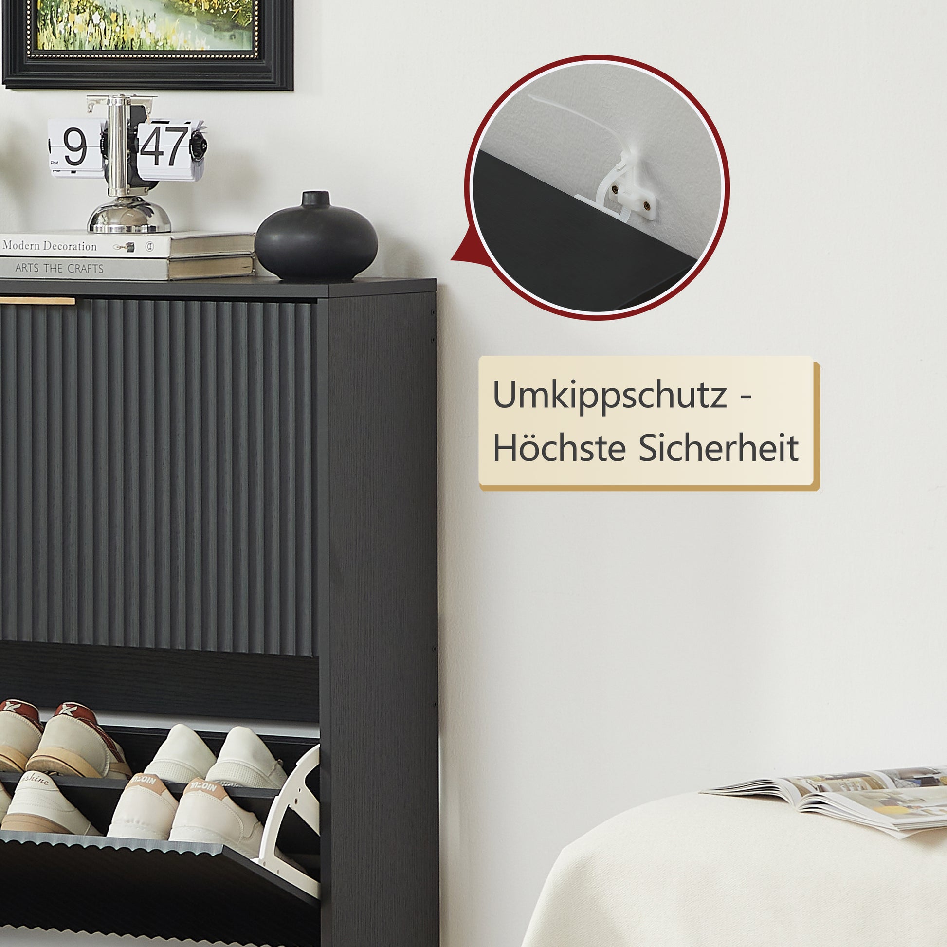 80 x 24 cm Schuhschrank mit Nutfront – Höhenverstellbar mit Kippschutz und Dekotisch für den Flur, in Schwarz
