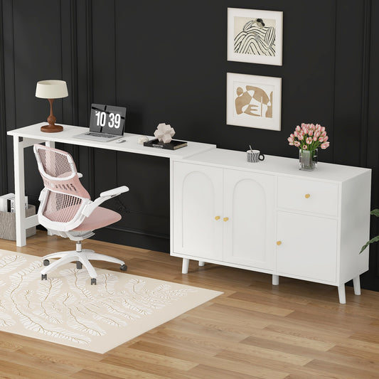 Gigab2b original image - Multifunktionaler 2 in 1 Schreibtisch und Sideboard – 360° drehbar, 3 Türen 1 Schublade – Eleganter Computertisch, Eckschreibtisch, Frisiertisch, Schreibtisch,Sideboard