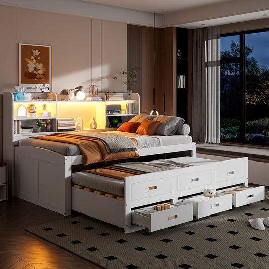 Gigab2b original image - Schlafsofa, Daybett, Tagesbett, 90 x 200cm, Mit LED-Leuchten, 3 schubladen, Nachttischablage, Multifunktionales ausziehbares bett mit usb+type-c, Ohne matratze, Weiß