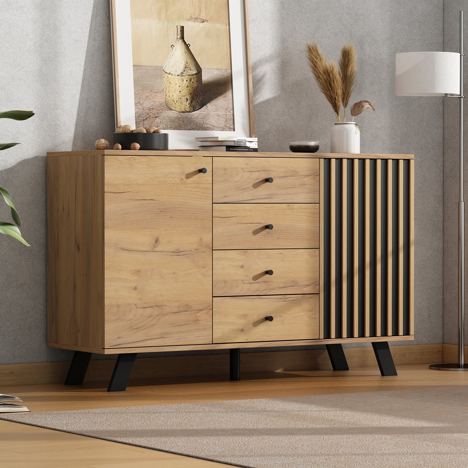 120*38*75cm Wohnzimmer Sideboard,Hohldesign Schrank mit 4 Schubladen,Beistelltisch mit 2 Schränken, 120cm breite Kommode, vielseitig einsetzbar,Wohnzimmerschrank mit 5 Massivholzbeinen,Holzfarbe