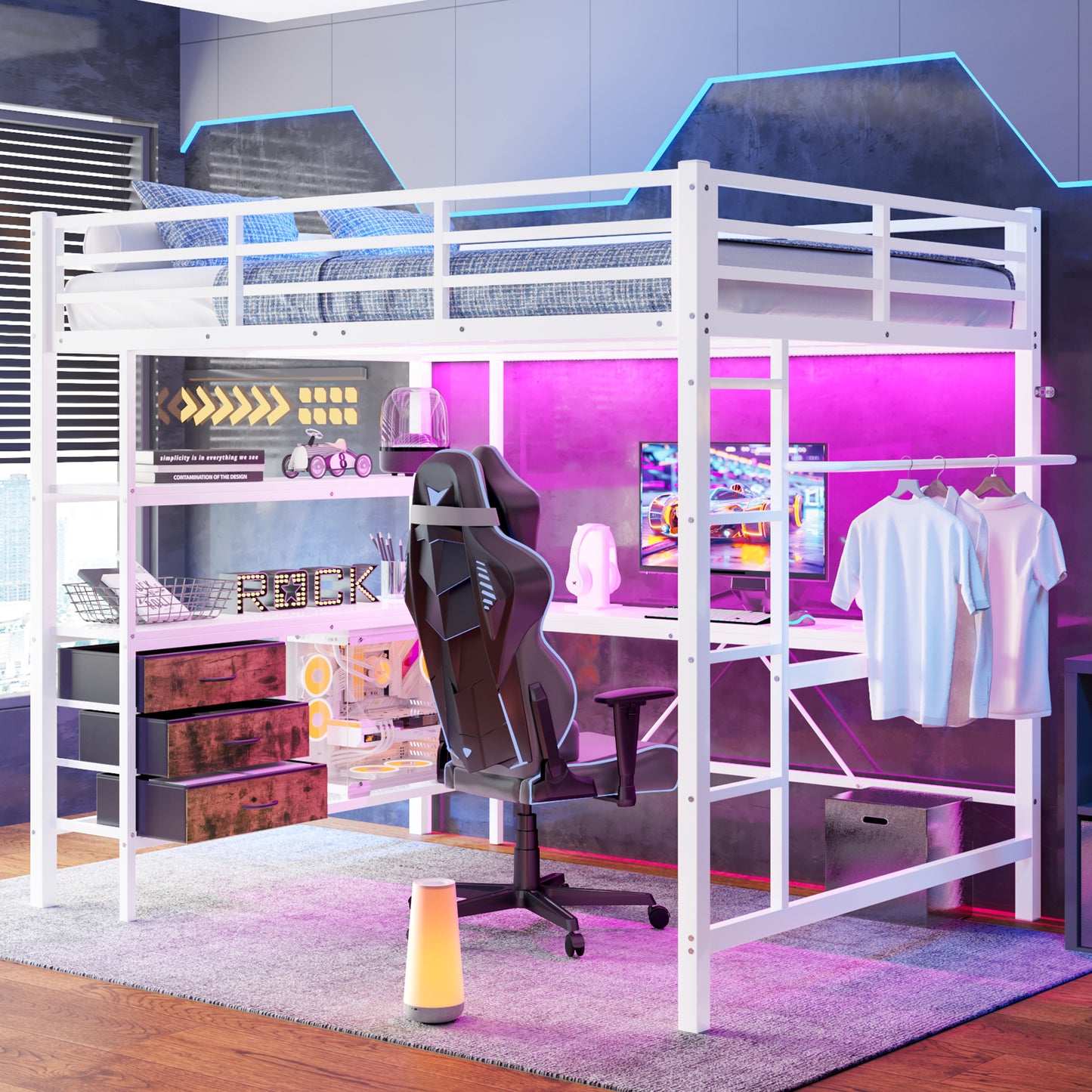 Gigab2b original image - Hochbett, 140*200cm , Mit LED-Leuchten, Schreibtisch, Steckdose + USB, 3 Schubladen, Regale, Geländer, Treppe, ohne Matratze, Weiß