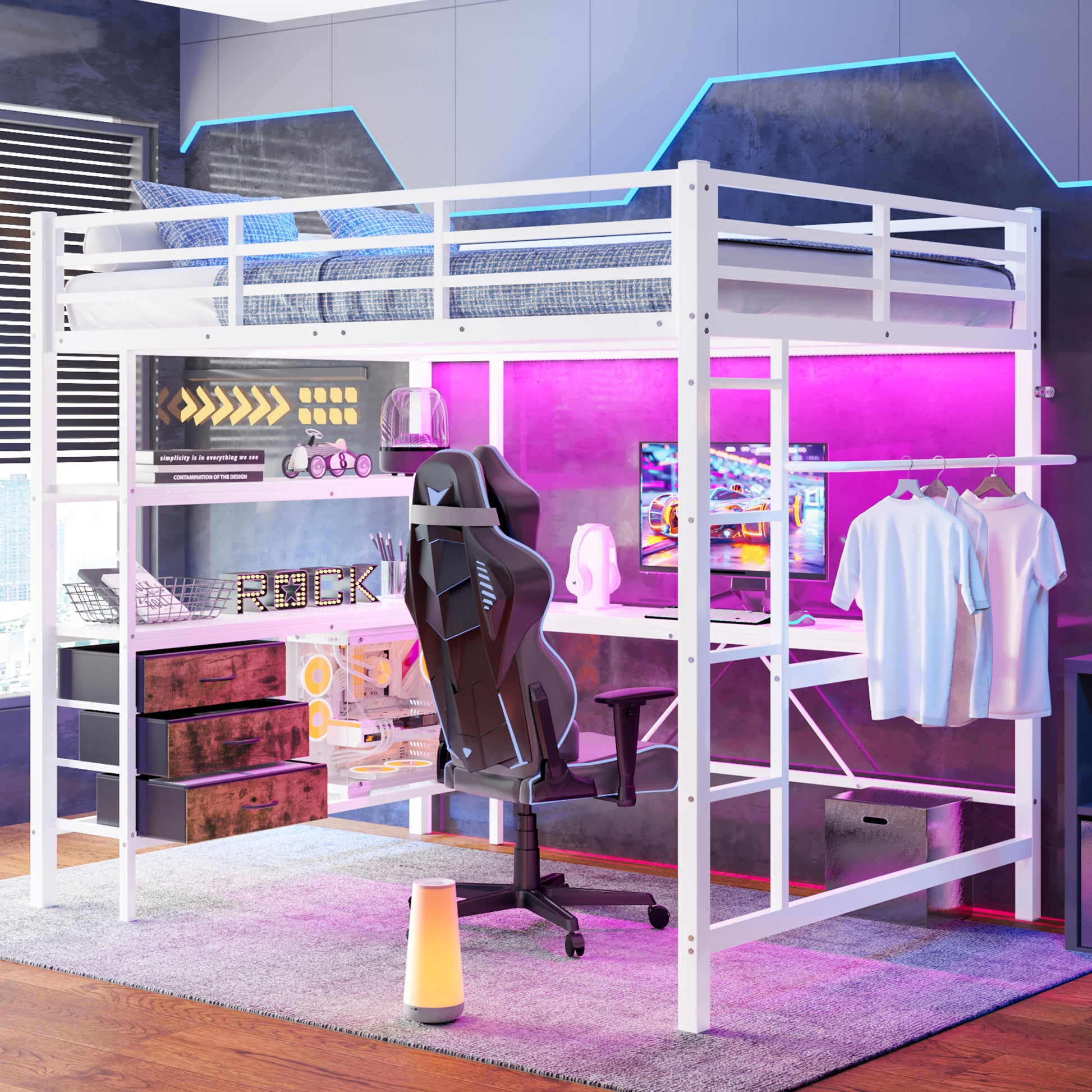Gigab2b original image - Hochbett, 140*200cm , Mit LED-Leuchten, Schreibtisch, Steckdose + USB, 3 Schubladen, Regale, Geländer, Treppe, ohne Matratze, Weiß