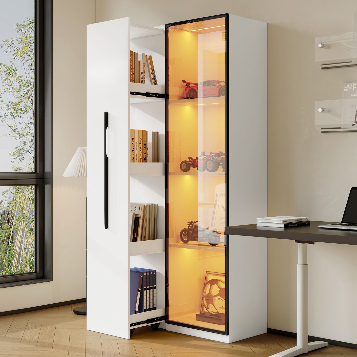 Gigab2b original image - Multifunktionsschrank 160 cm hoch – Bücherregal und Vitrine mit Türen aus gehärtetem Glas, Türrahmen aus Aluminium, 1 Tür, 1 seitliche Schublade, mit Rollen und LED-Beleuchtung – Vitrine, Esszimmersch