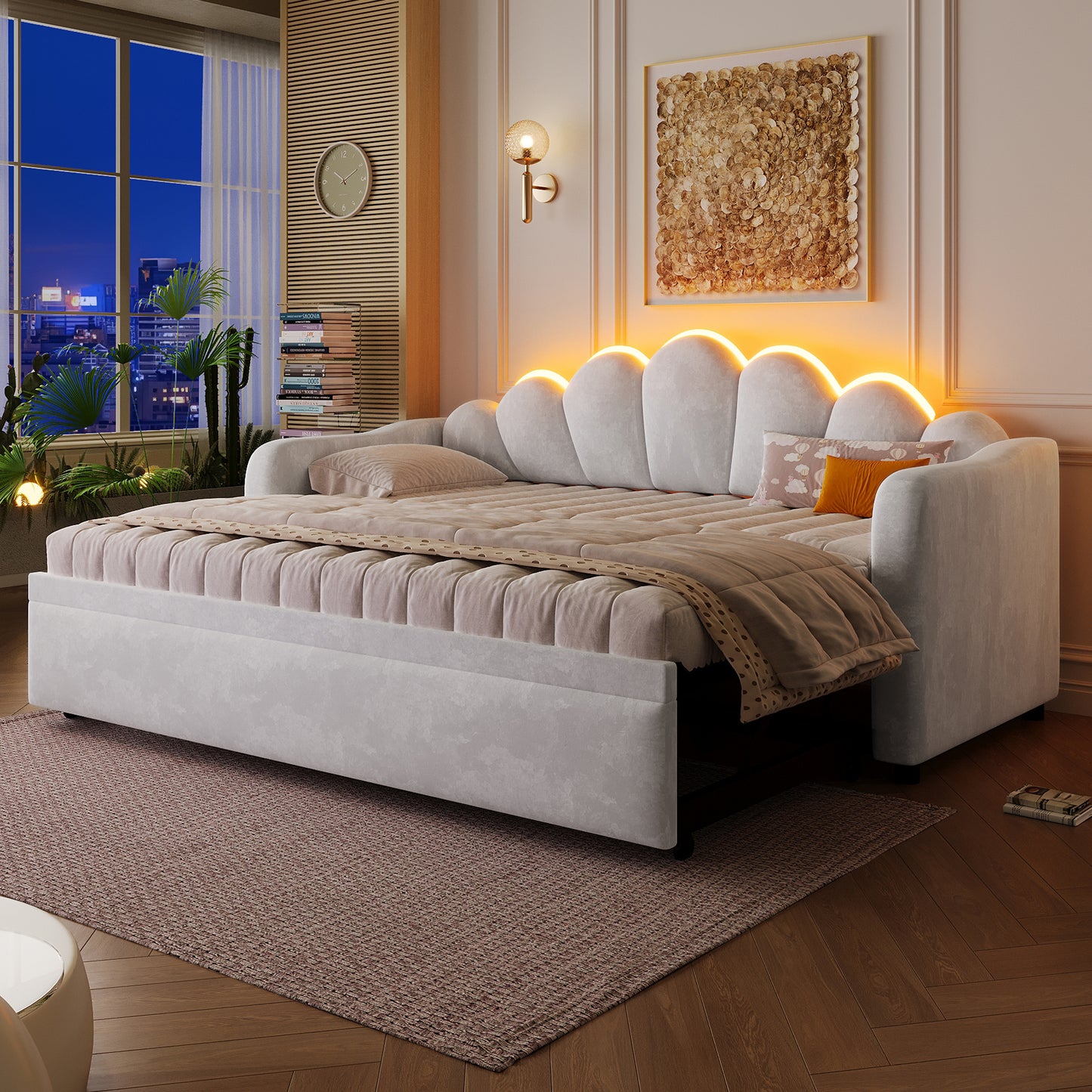 90x200 cm großes Polster-Tagesbett mit Ausziehfunktion und LED-Beleuchtung, Ausziehfunktion flach oder aufgestellt, Grau