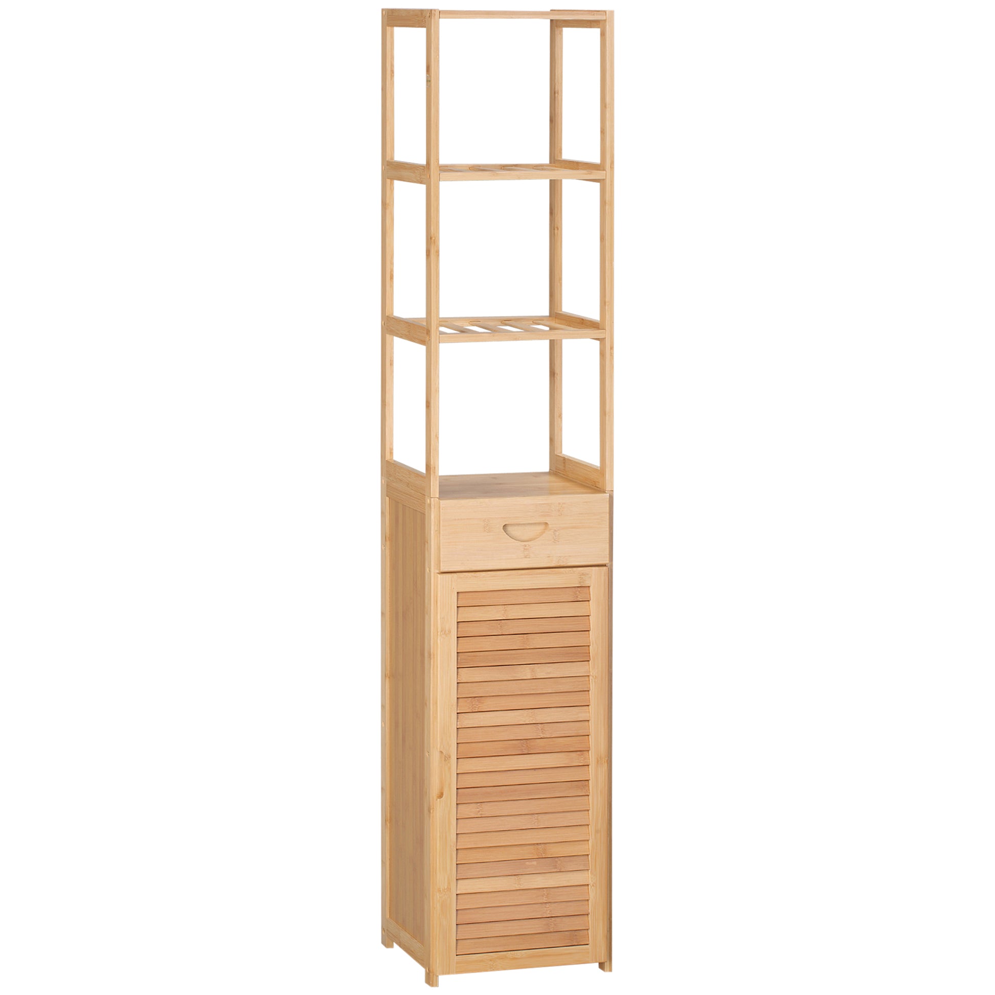 Badezimmerschrank, Badschrank aus Bambus, Badezimmermöbel mit Schublade, drei Ablagen, offenes Fach, für Badezimmer, 32 x 30 x 163 cm Naturholz