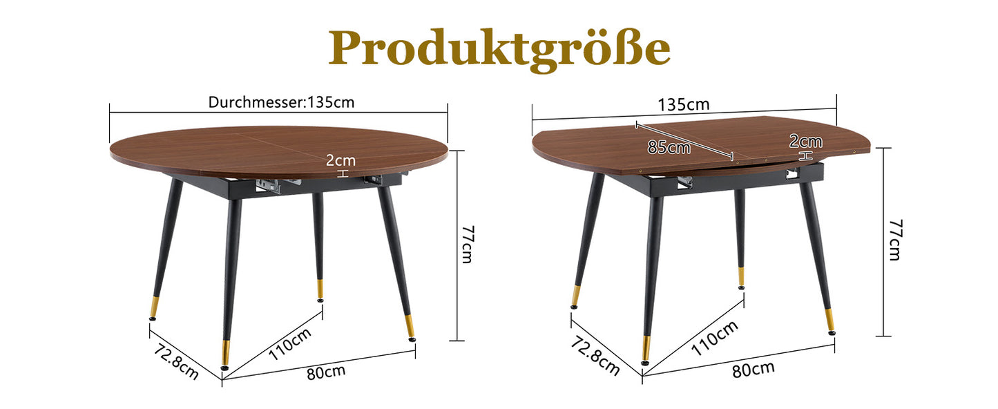 Moderner Ausziehbarer Esstisch, Verwandelt sich von Rund zu Oval, MDF-Platte in Schwarz/Nussbaum mit Gold-Akzenten, Stabile Metallbeine, Platzsparend für Küche & Esszimmer