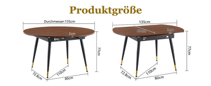 Moderner Ausziehbarer Esstisch, Verwandelt sich von Rund zu Oval, MDF-Platte in Schwarz/Nussbaum mit Gold-Akzenten, Stabile Metallbeine, Platzsparend für Küche & Esszimmer