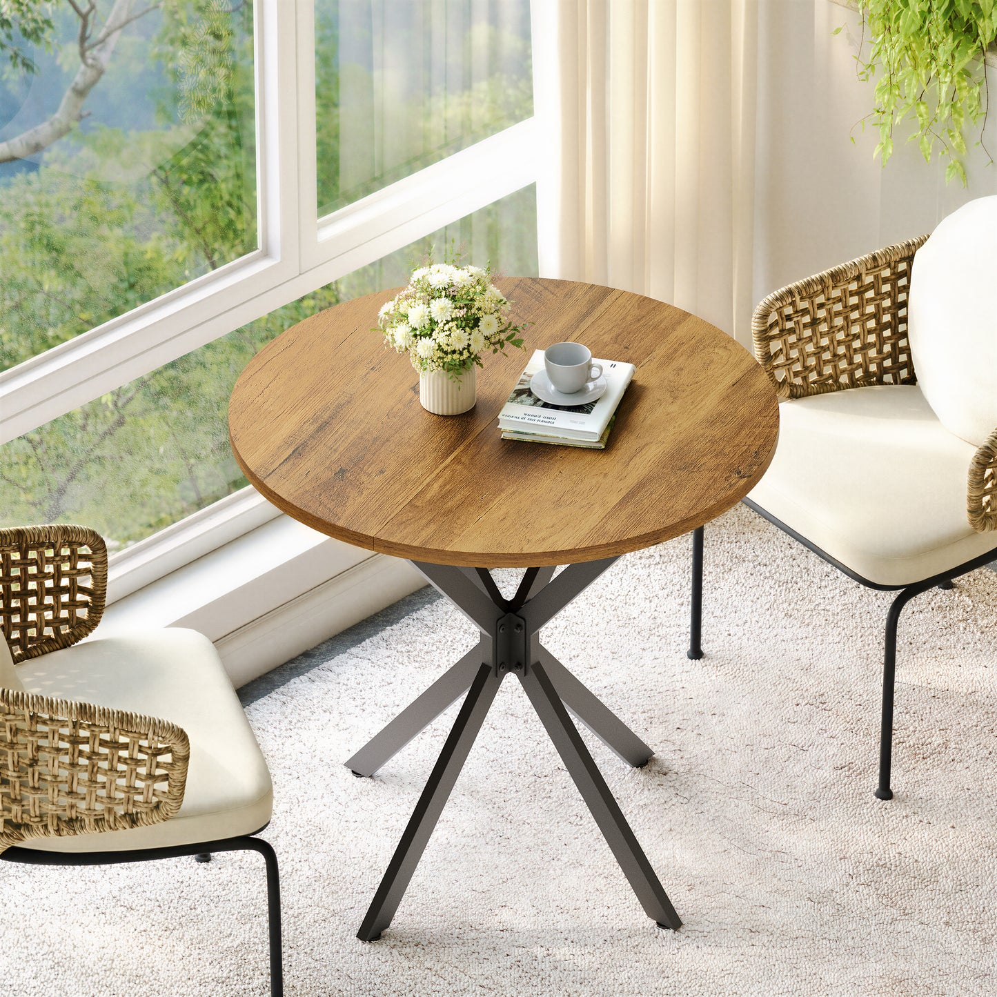 Runder Tisch im Bauernstil mit X-Beinen, 80 cm - Küchentisch, Esstisch für Wohnzimmer, Homeoffice, Balkon oder Café - Retro Braun & Schwarz