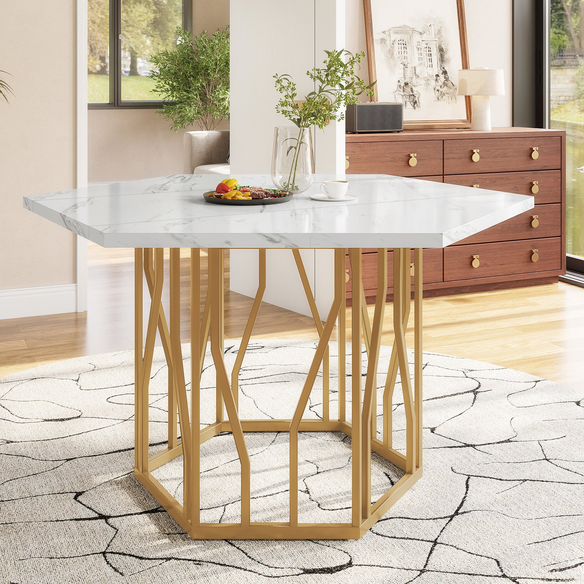 Gigab2b original image - Moderner sechseckiger Marmor-Esstisch, Metallzweiggestell, schlichter ästhetischer Couchtisch, geeignet für Esszimmer und Wohnzimmer, Goldene