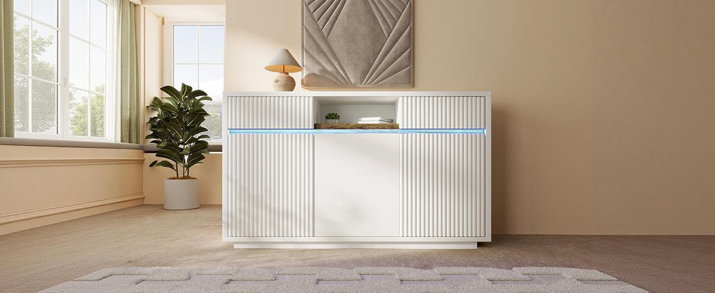 Sideboard Weiß mit LED 140x40x85 cm, Kommode mit 2 Schubladen und 3 Türen, Schrank mit verstellbaren Einlegeböden, moderner Wohnzimmerschrank Flur Küchenschrank
