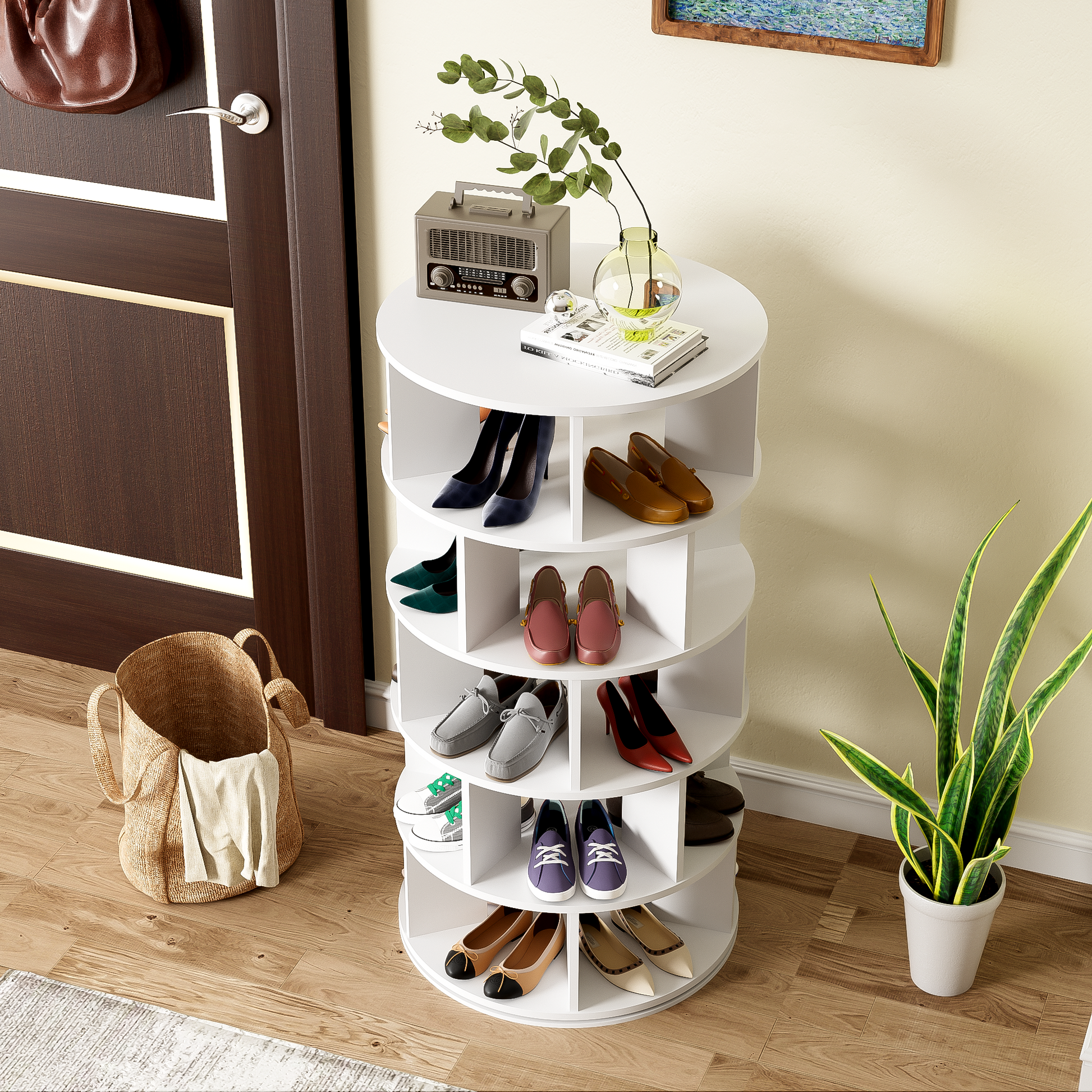Gigab2b original image - Schuhregal, drehbarer Winkel, weiß rund, 5 Ebenen, Höhe 115 cm, Breite 60 cm