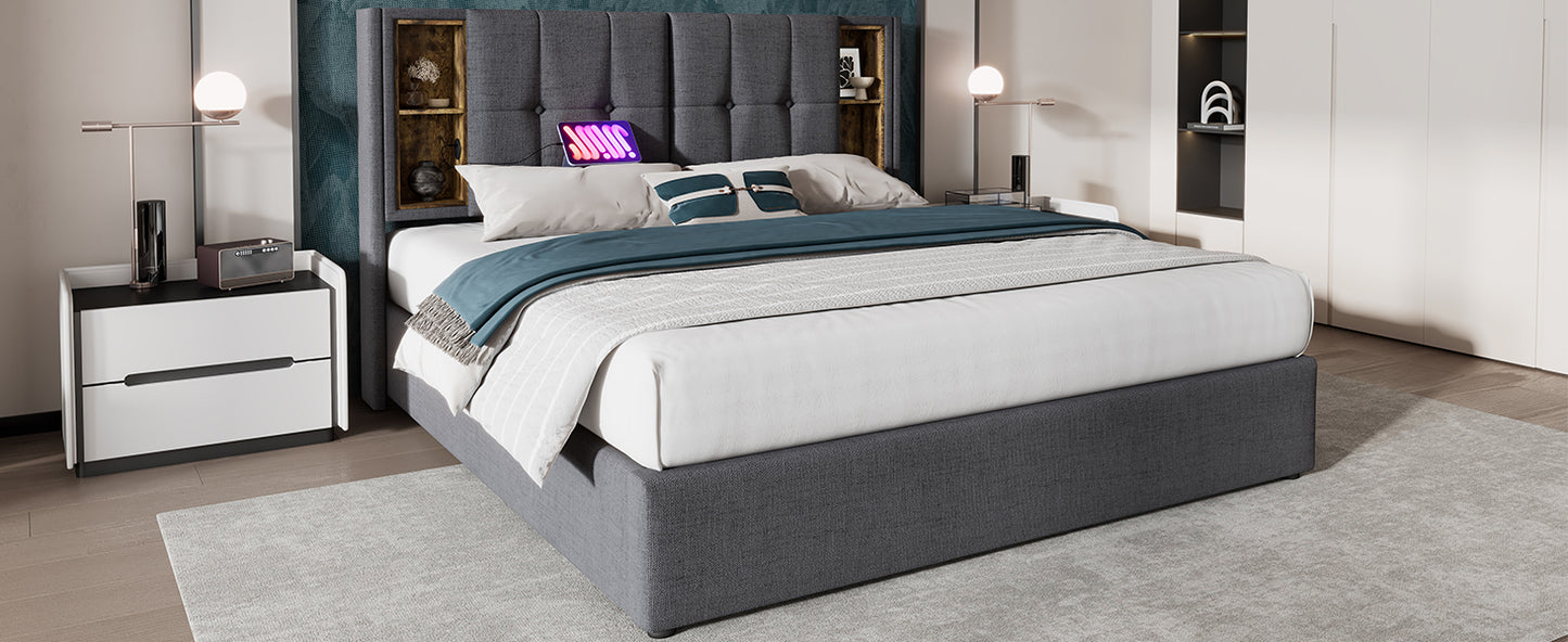 (=AB20359798N)Doppelbett mit Kabellosem Laden USB C, Polsterbett  Bettgestell 180x200cm,Bettgestell mit Stauraum Lattenrost aus Holz-Natürlich Leinen