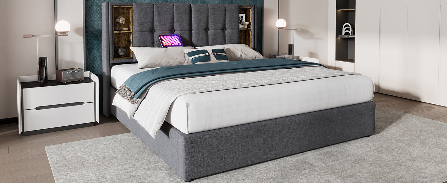 (=AB20359798N)Doppelbett mit Kabellosem Laden USB C, Polsterbett  Bettgestell 180x200cm,Bettgestell mit Stauraum Lattenrost aus Holz-Natürlich Leinen