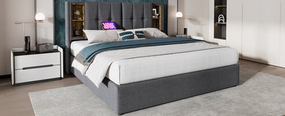 (=AB20359798N)Doppelbett mit Kabellosem Laden USB C, Polsterbett  Bettgestell 180x200cm,Bettgestell mit Stauraum Lattenrost aus Holz-Natürlich Leinen
