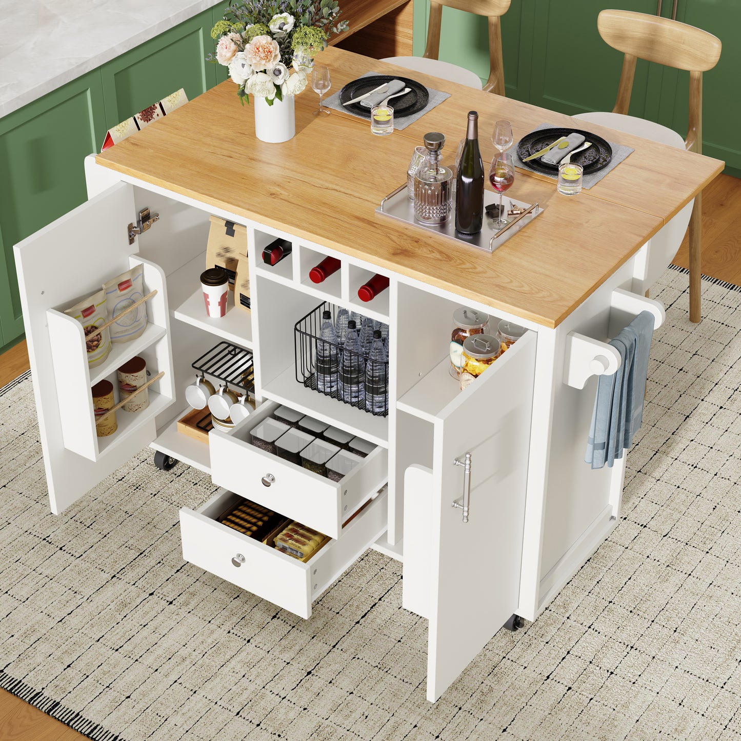 Gigab2b original image - Kücheninsel Buffetschrank 120 x 73 (45) x 92 cm Küchenschrank Küchenwagen und klappbarer Arbeitsplatte mit Handtuchhalter Gewürzregal Türregal Weinregal und verstellbaren Einlegeböden, weiß/schwarz