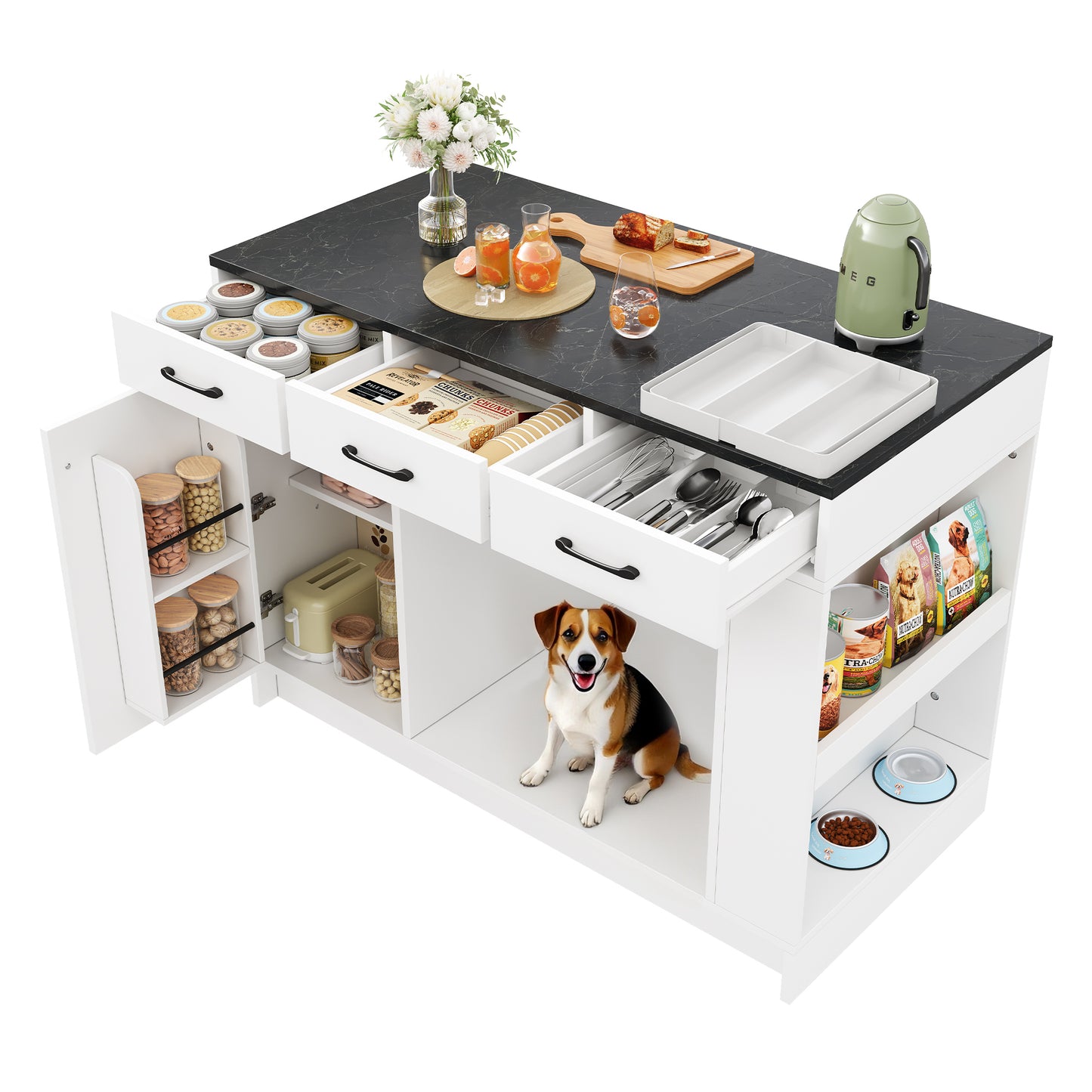 Kücheninsel, Schrank mit 3 Schubladen, 1 Gewürzablage, verstellbare Regalplatte, Doppelablage (ohne Hundefutterteller), geräumiger Haustieraufbewahrungsbereich (ohne Hundekissen), 120*60*90 cm, weiß