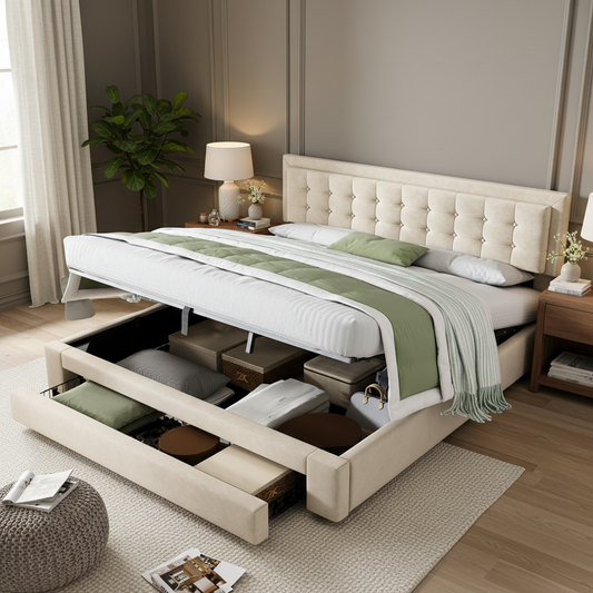 Bett mit Kasten und Schubladen, Samtstoff, Polsterbett, Lattenrost, Doppelbett, großer Stauraum, 180 x 200, beige