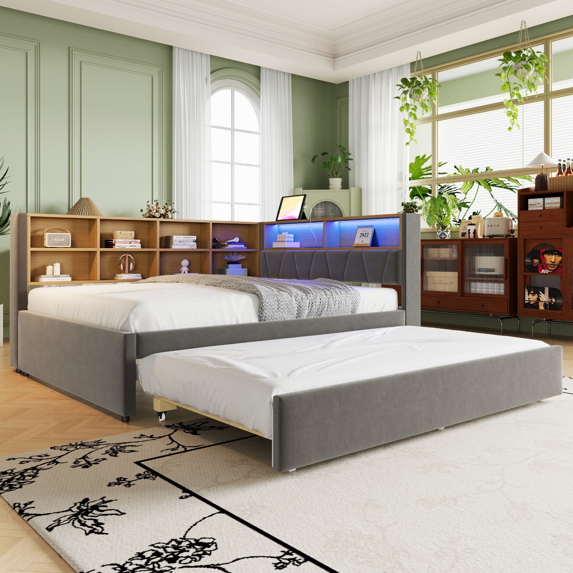Gigab2b original image - Schlafsofa 140*200,Ausziehbett 90*190, Ausgestattet mit LED Leuchten, Steckdosen und vielen Ablagefächern, Polsterbett, Multifunktionsschlafsofa, Einzelbett, Flanell, Dunkelgrau.
