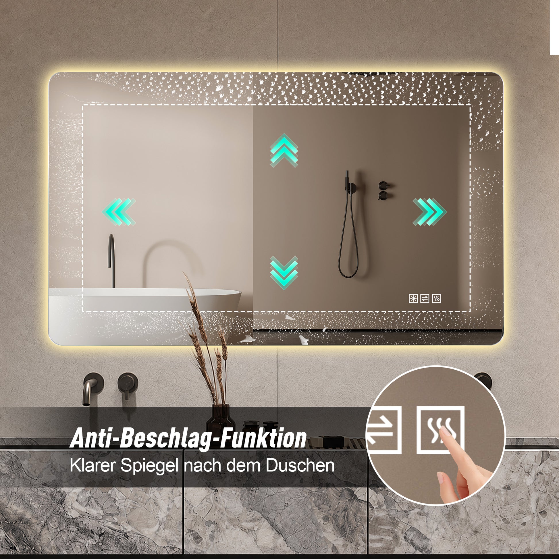 60 x 100cm LED Badezimmerspiegel mit Hintergrundbeleuchtung, Anti-Beschlag, 3 Lichtfarben, Stufenlos Dimmbar, Memory-Funktion, IP44 Wasserdicht, Horizontal & Vertikal Montierbar