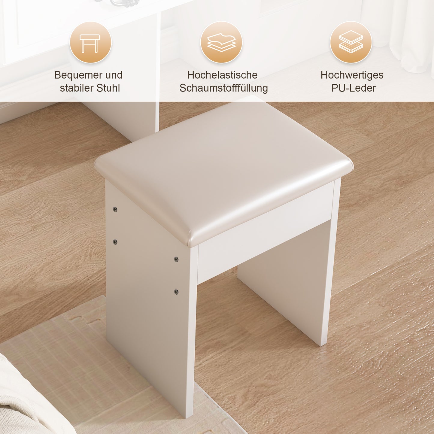 Modernes minimalistisches Schminktisch-Set mit dimmbarem LED-Spiegel – Kompakt mit verstecktem Stauraum, inkl. gepolsterter Hocker, Weiß, B60/H131.5/T36cm.