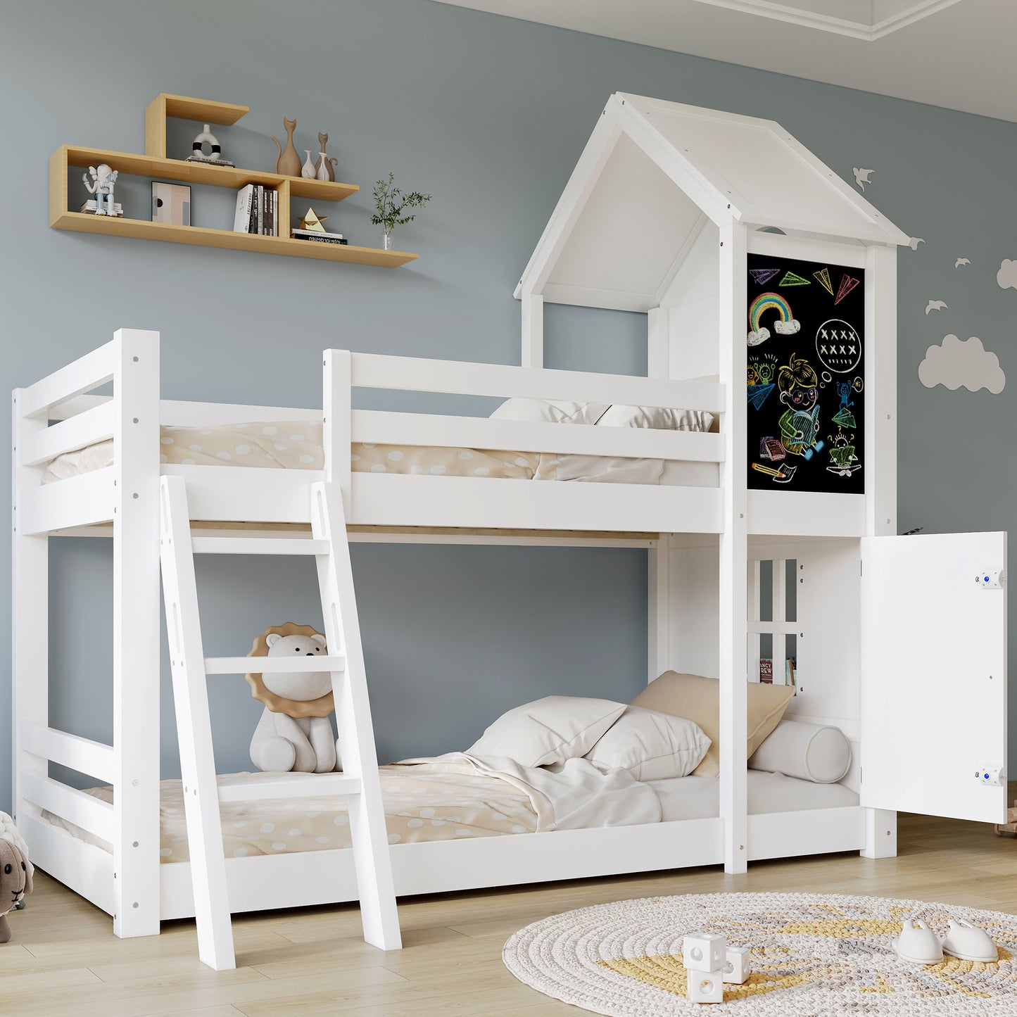 Gigab2b original image - Etagenbett, Kinderbett, Mit einerkleinen Tür und einer Tafel, Schöne Fenster und Dach, Dreistufige Schrägleiter, Stabile Lattenroste, Kiefer + MDF+PB+Sperrholz, Weiß, 90x200cm