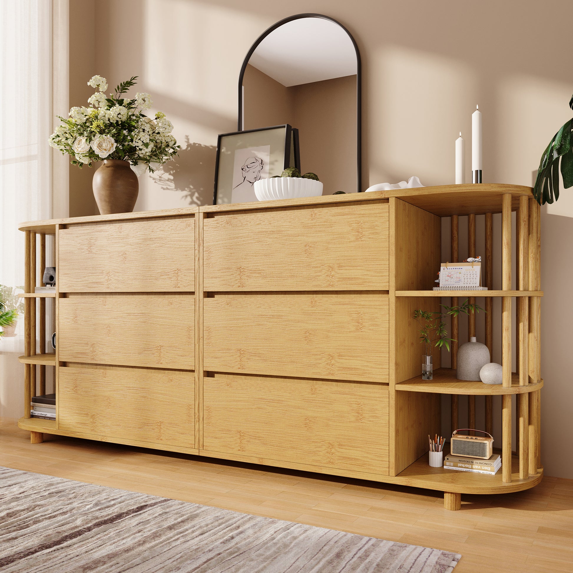 Gigab2b original image - Kommode Sideboard 160cm Eiche, Römisches Design mit Säulen & Bambus-Regalen, 6 Schubladen & offene Regale, Höhenverstellbare Füße, H75/B160/T40 cm
