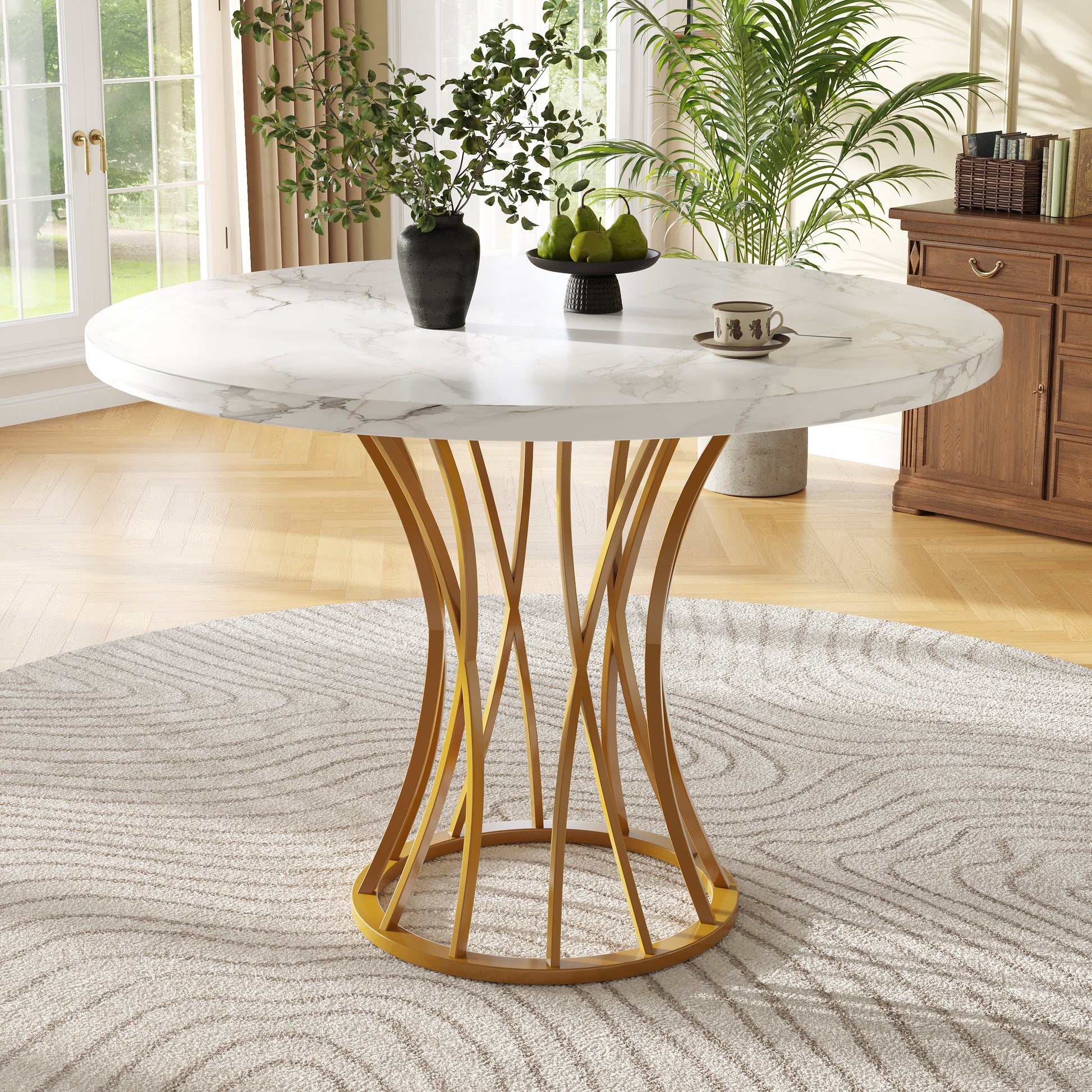 Gigab2b original image - Runder Esstisch (80 x 80 x 76 cm), leichter und luxuriöser runder Tisch für 4-6 Personen, geeignet für Esszimmer und Wohnzimmer, MDF marmorierte Tischplatte, goldene Beine